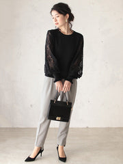 Original Loose Hollow Lace Round-Neck Long Puff Sleeves Sweater Pullovers