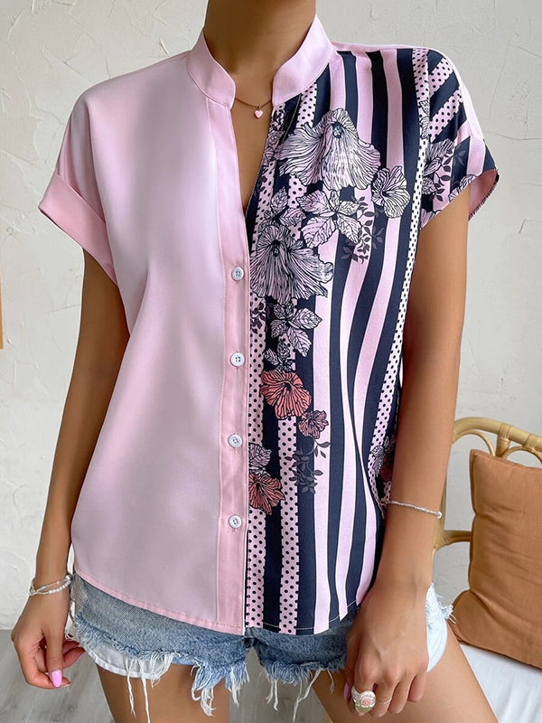 Buttoned Contrast Color Flower Print Striped Loose Short Sleeves V-Neck Blouses&Shirts Tops