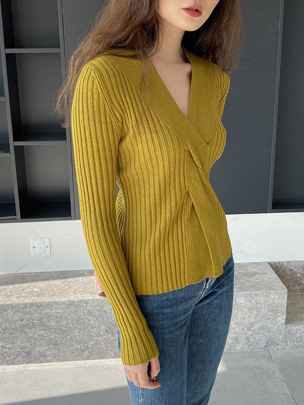Knot Solid Color Long Sleeves Loose V-Neck Sweater Tops Pullovers