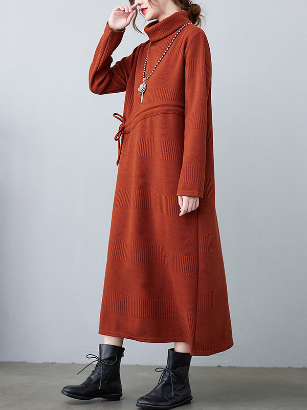 Casual Loose Solid Color Drawstring High-Neck Long Sleeves Sweater Dress