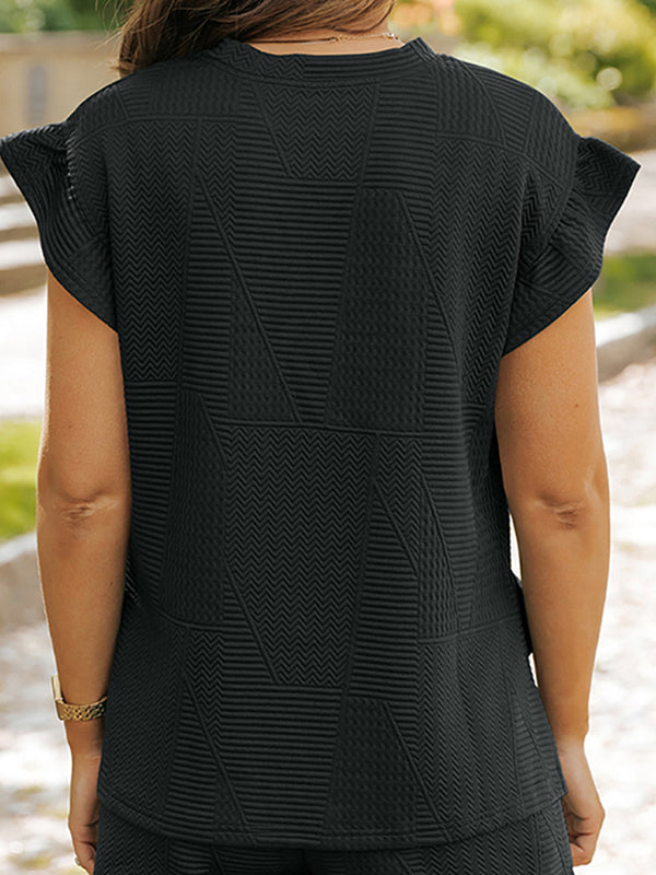 Round-neck Drawstring Pockets Solid Color Split-Joint Split-Side Loose Ruffle Sleeves Two Pieces Set