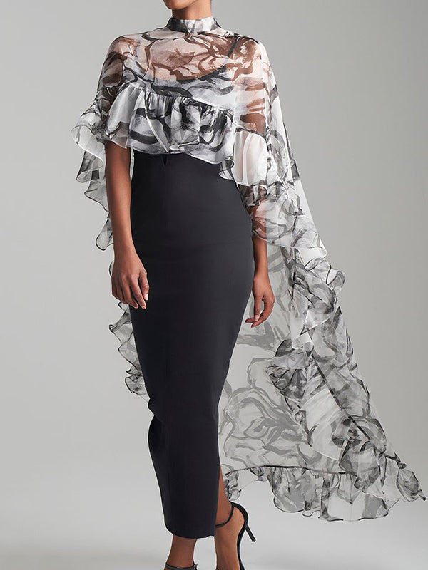Floral Flower Print Pleated See-Through Split-Joint Sun Protection High-Low Loose Stand Collar Blouses&Shirts Tops