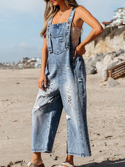 Hollow Pockets Split-Joint Loose Sleeveless Spaghetti-Neck Overalls