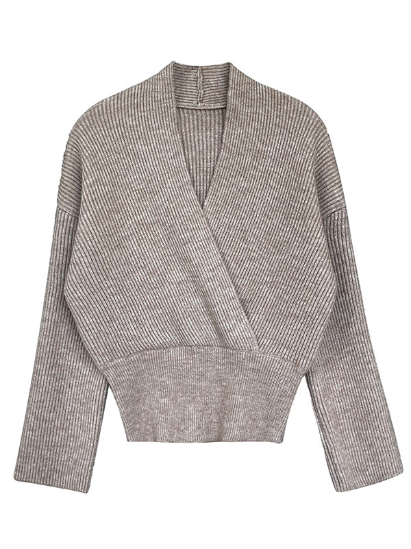 Casual Long Sleeves Loose Solid Color Cross V-Neck Sweater Tops
