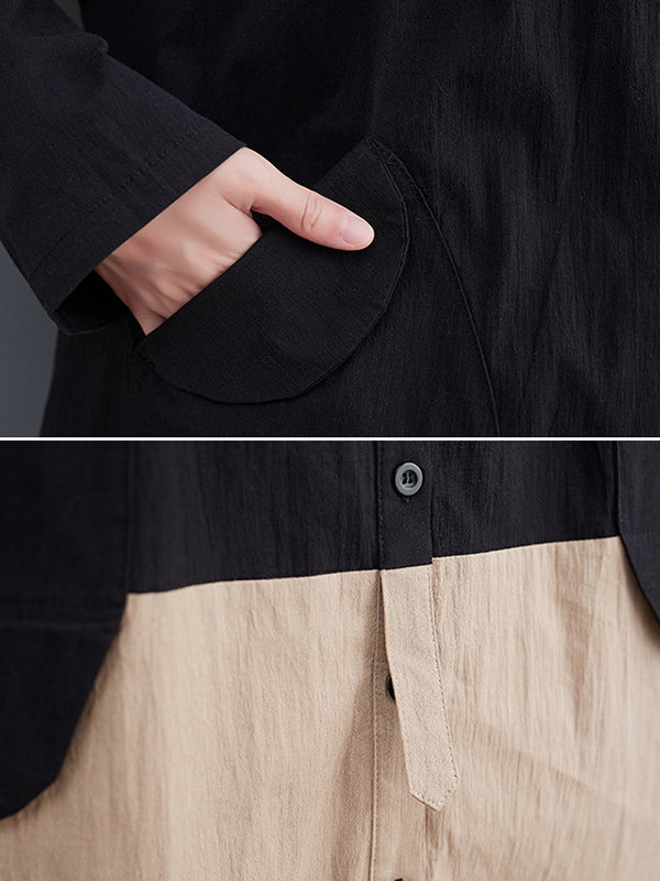 Original Loose Long Sleeves Buttoned Contrast Color Lapel Collar Midi Dresses
