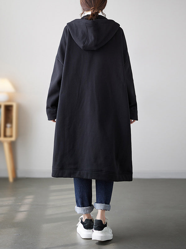 Buttoned Pockets Long Sleeves Loose Hooded Outerwear