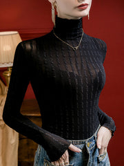 Jacquard See-Through Solid Color Split-Joint Long Sleeves Plus Size High Neck T-Shirts Tops