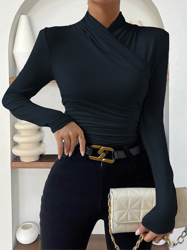 Pleated Solid Color Long Sleeves Skinny Mock Neck T-Shirts Tops