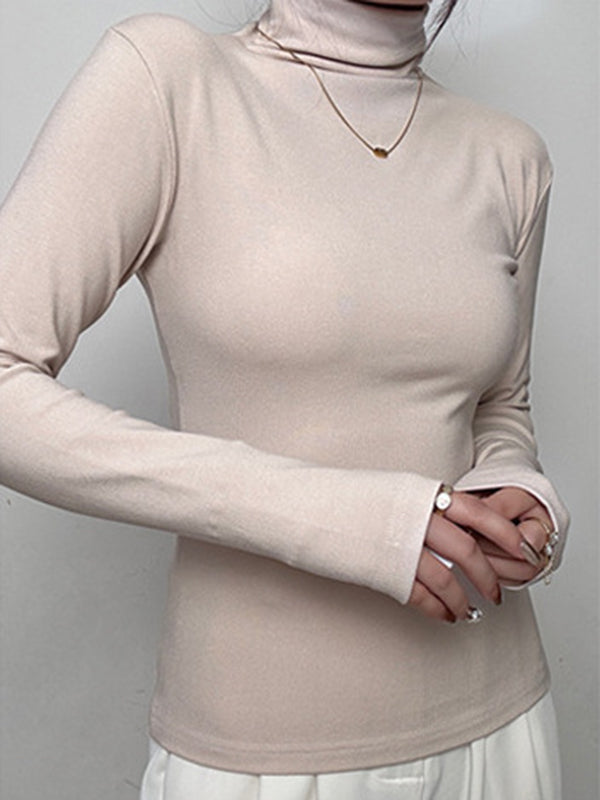 Solid Color Long Sleeves Skinny High Neck T-Shirts Tops