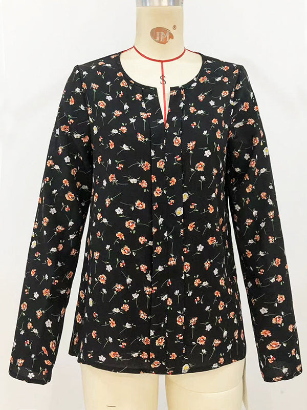 Flower Print Long Sleeves Loose Round-Neck Blouses&Shirts Tops