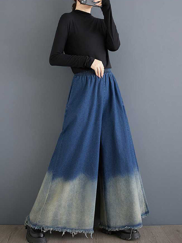 Elasticity Fringed Pockets High Waisted Loose Jean Pants Bottoms