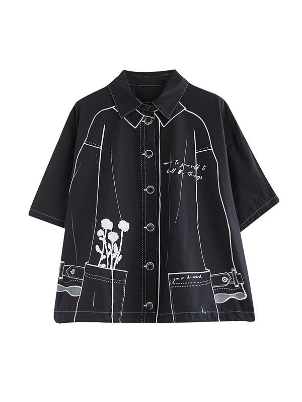 Contrast Color Printed Split-Joint Loose Short Sleeves Lapel Blouses