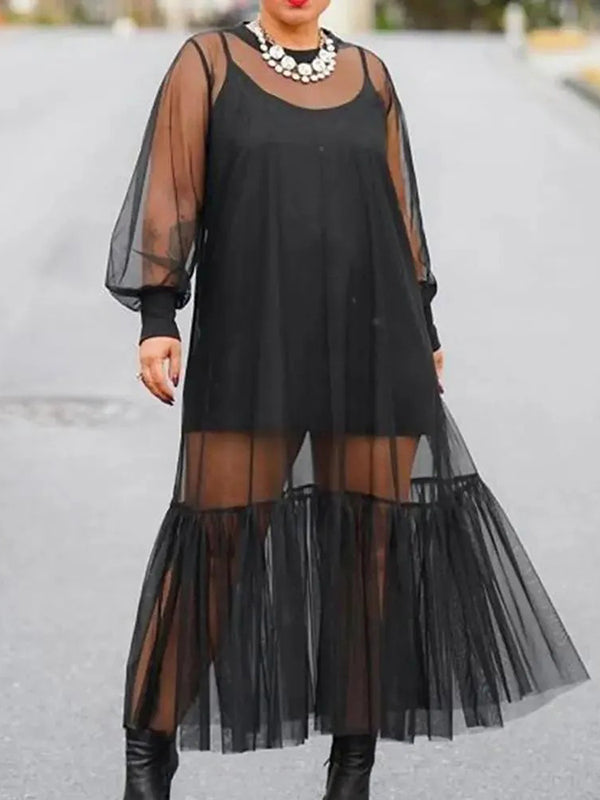 Loose Puff Sleeves Gauze Pleated Solid Color Outer Maxi Dress + Spaghetti-neck Mini Dress Two Pieces Set