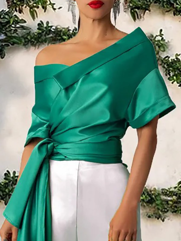 Ribbed Ruffled Solid Color Short Sleeves One-shoulder Blouses&shirts Tops