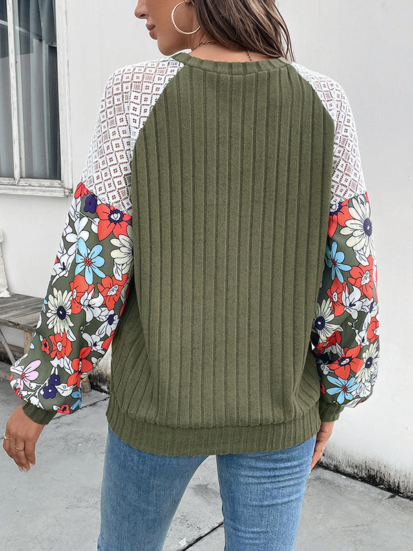 Contrast Color Flower Print Split-Joint Long Sleeves Loose Round-Neck T-Shirts Tops