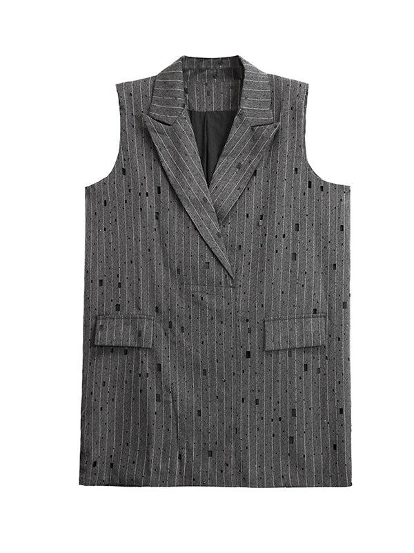 Striped Loose Sleeveless Lapel Vest Top
