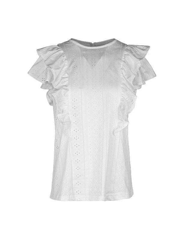 Floral Pleated Solid Color Split-Joint Loose Short Sleeves Round-neck T-Shirts Tops