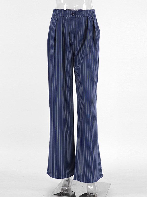 Buttoned Striped High Waisted Wide Pants Trousers Pants