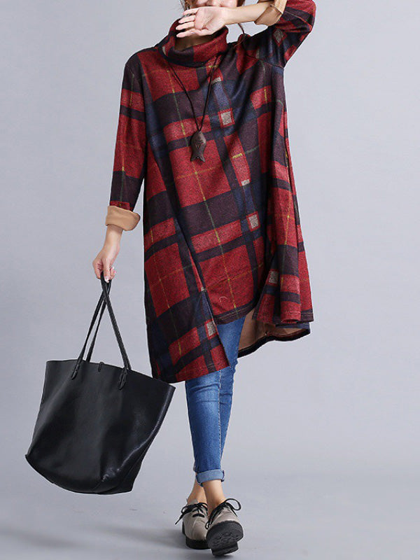 Artistic Retro Loose Long Sleeves Contrast Color Plaid Heaps Collar Midi Dresses