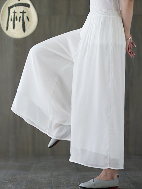 Artistic Retro Loose Chiffon Solid Color Falbala Round-Neck Kimono Sleeve 2 Pieces Set