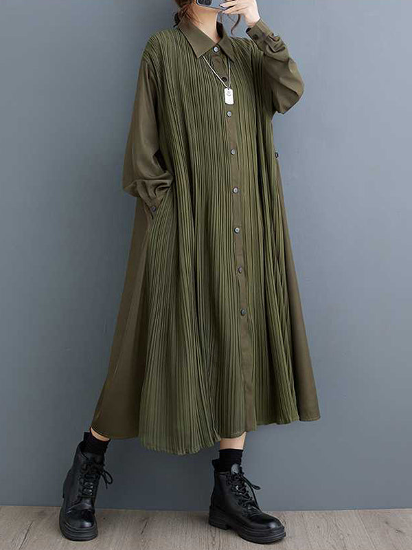 Buttoned Pleated Pockets Split-Joint A-Line Long Sleeves Lapel Shirt Dress Midi Dresses