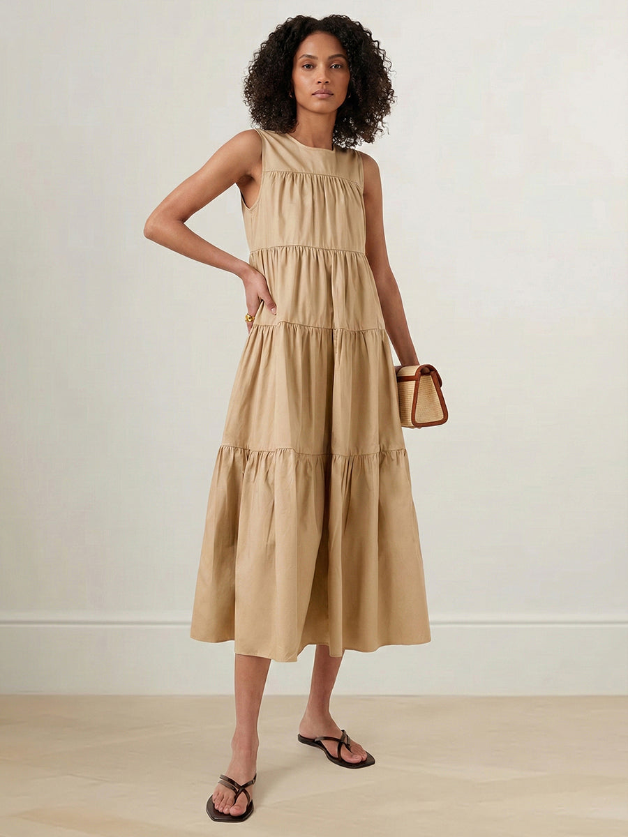 Layered Pleated Solid Color A-Line Loose Round-Neck Midi Dresses