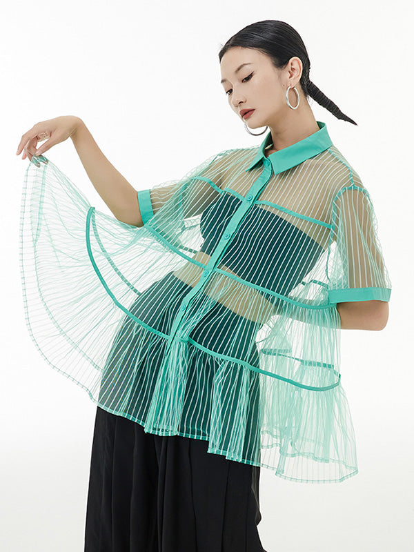 Original Short Sleeves Loose Buttoned Mesh Pleated Solid Color Blouses&Shirts Tops