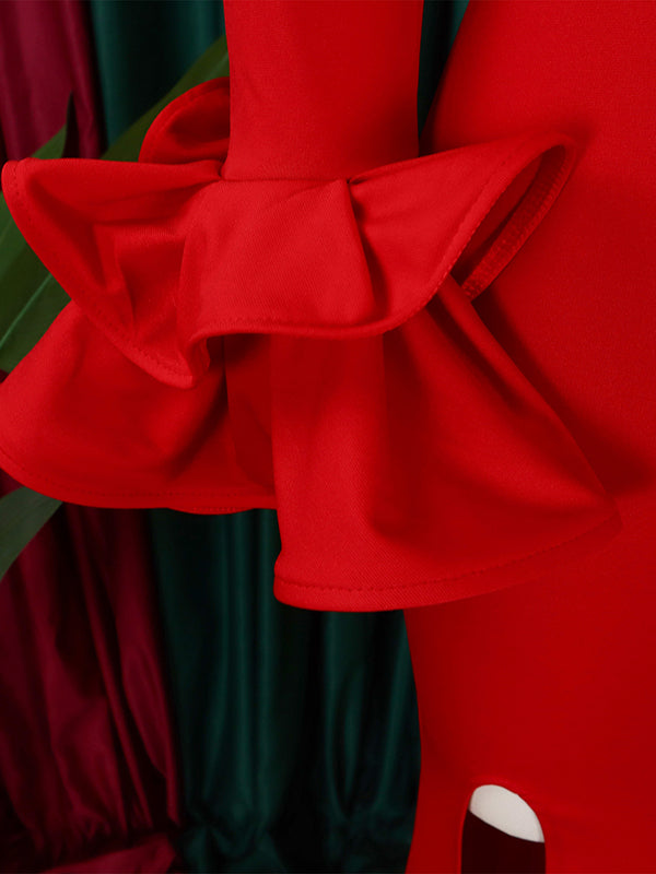 Falbala Solid Color Split-side Bodycon Flared Sleeves Off-the-shoulder Maxi Dresses