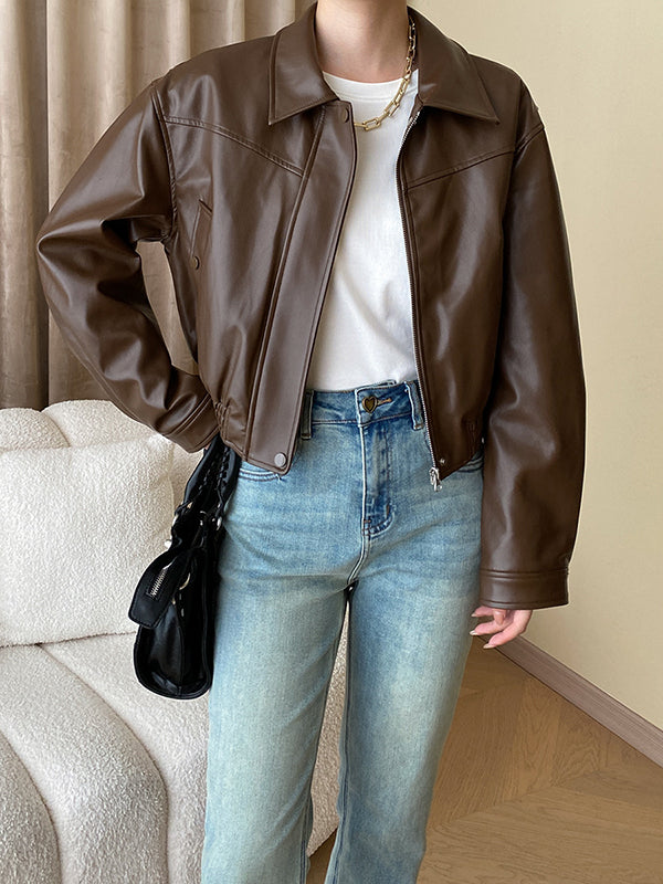 Solid Color Split-Joint Zipper Long Sleeves Loose Lapel Jackets&Coats