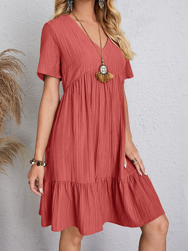 Pleated Solid Color Split-Joint A-line Loose V-neck Mini Dresses