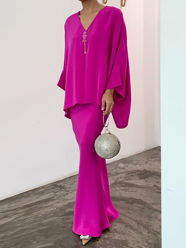V-Neck Batwing Sleeves Loose Rhine Stones Tasseled Shirts Top + Skirts Bottom Two Pieces Set