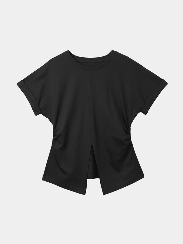 Pleated Solid Color Split-Front Split-Joint Batwing Sleeves Loose Round-Neck T-Shirts