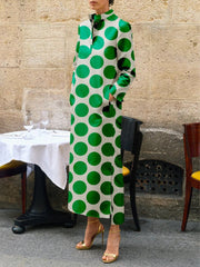 Polka-Dot Split-Side Long Sleeves Loose Stand Collar Midi Dresses