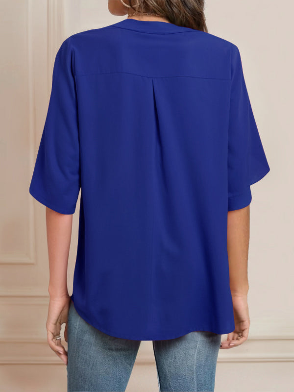 Pleated Solid Color Flared Sleeves Loose Lapel Blouses&shirts Tops