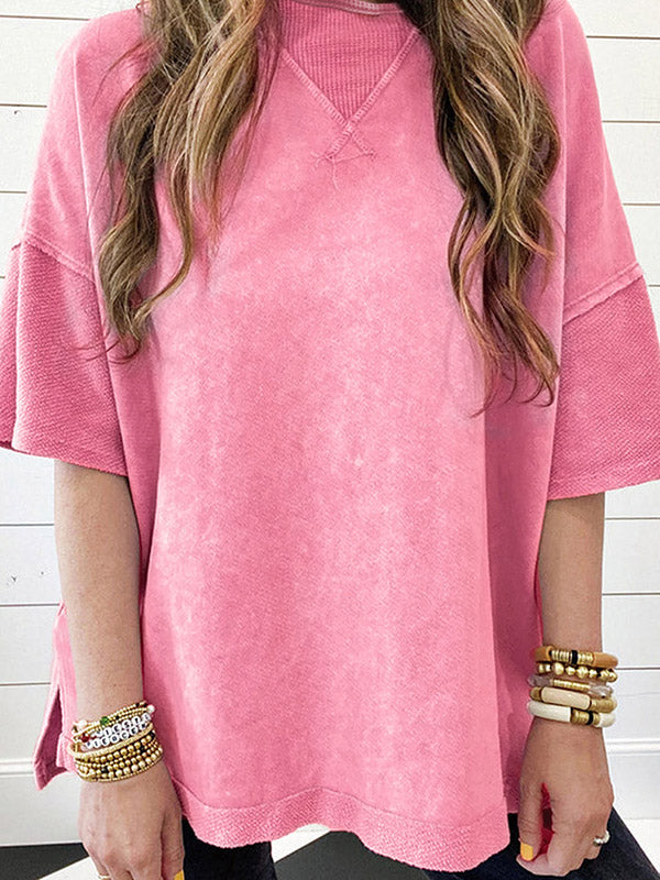 Split-Joint Half Sleeves High-Low Round-Neck T-Shirts Tops