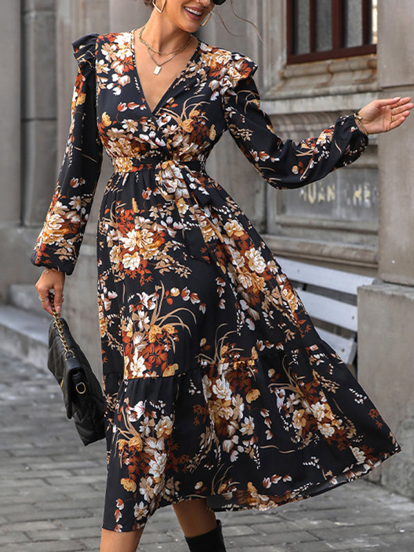 Flower Print Pleated Split-Joint Tied Waist Loose Puff Sleeves V-Neck Shirt Dress Midi Dresses