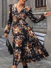 Flower Print Pleated Split-Joint Tied Waist Loose Puff Sleeves V-Neck Shirt Dress Midi Dresses