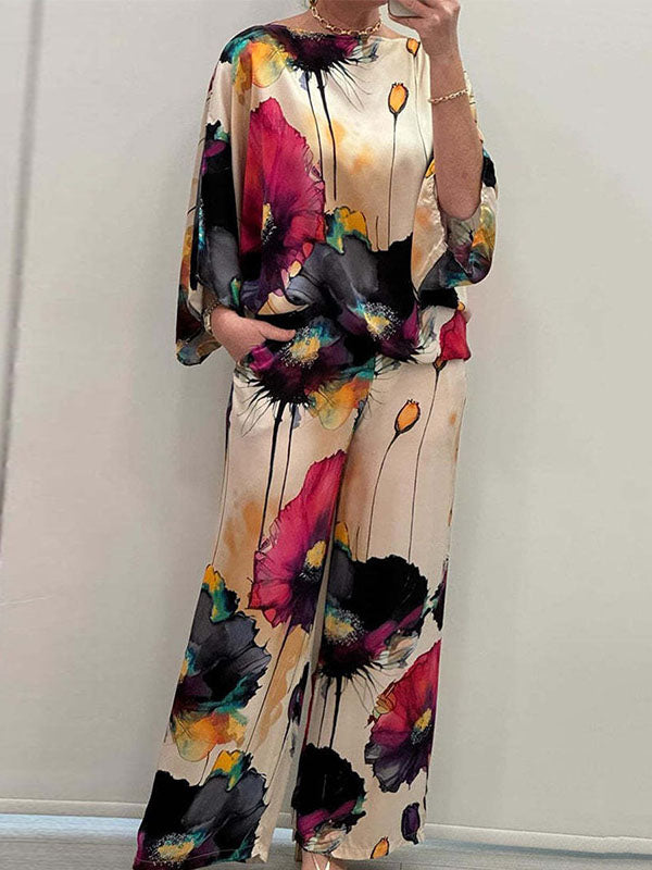 Printed Split-Joint Batwing Sleeves Loose Round-neck Blouses&shirts Tops