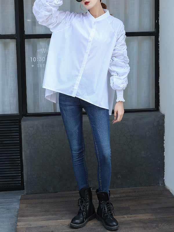 Elasticity Pleated Solid Color Split-Joint High-Low Long Sleeves Round-Neck Blouses