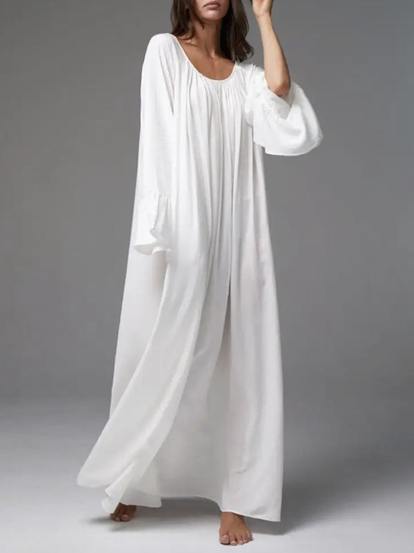 Pleated Solid Color Split-Joint A-Line Flared Sleeves Round-Neck Maxi Dresses