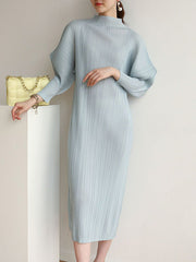 Original Creation Loose Long Sleeves Pleated Solid Color High-Neck Midi Dresses