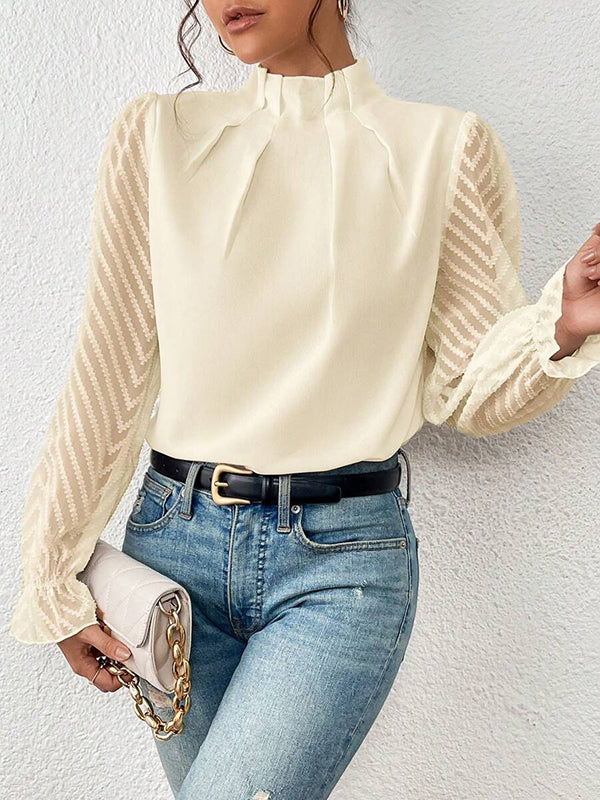 Elasticity Mesh Pleated Solid Color Long Sleeves Loose Mock Neck Blouses&Shirts Tops