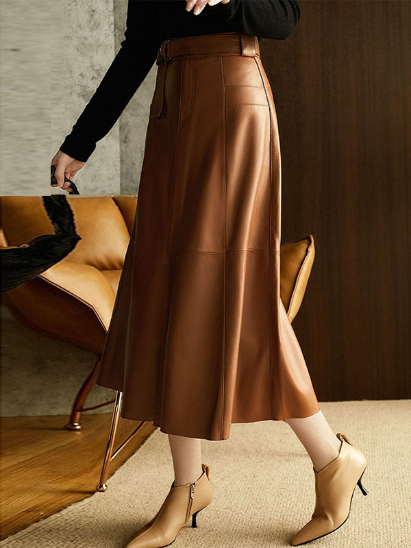 Belted Buttoned Pockets Solid Color Split-Joint Zipper A-line High Waisted Skirts Bottoms