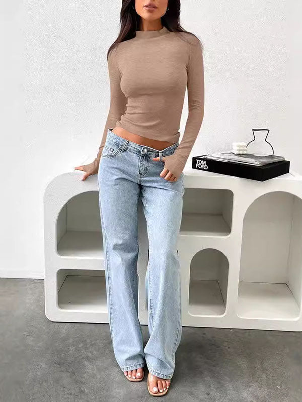 Solid Color Split-Joint Long Sleeves Skinny Round-Neck T-Shirts