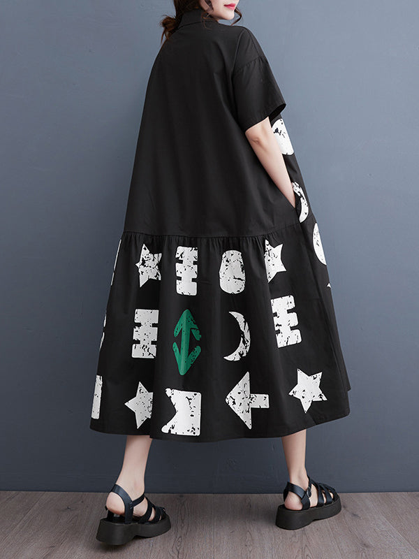 Buttoned Pleated Pockets Printed Split-Joint Loose Short Sleeves Lapel Shirt Dress Midi Dresses