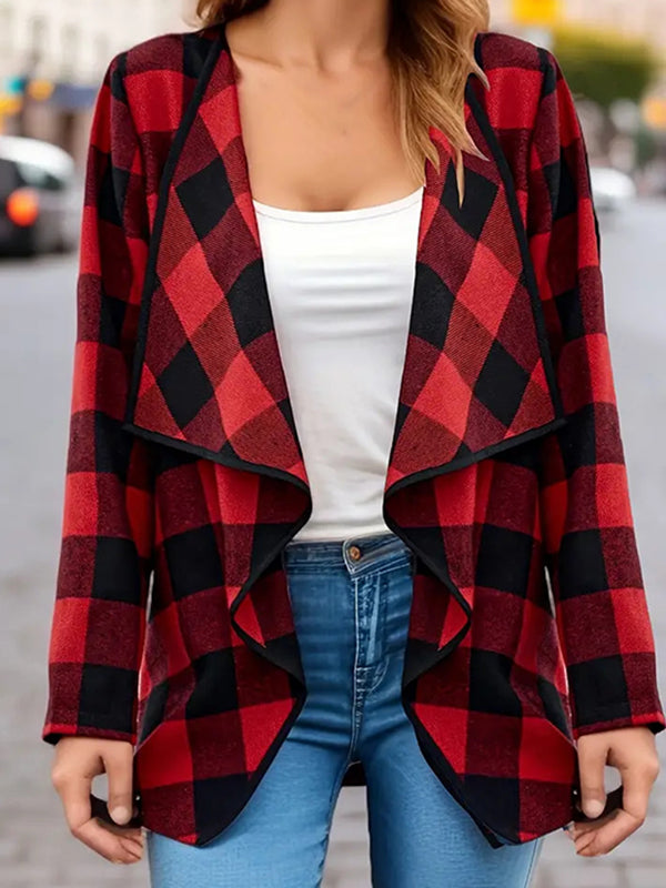 Contrast Color Plaid Split-Joint Long Sleeves Loose Collarless Outerwear