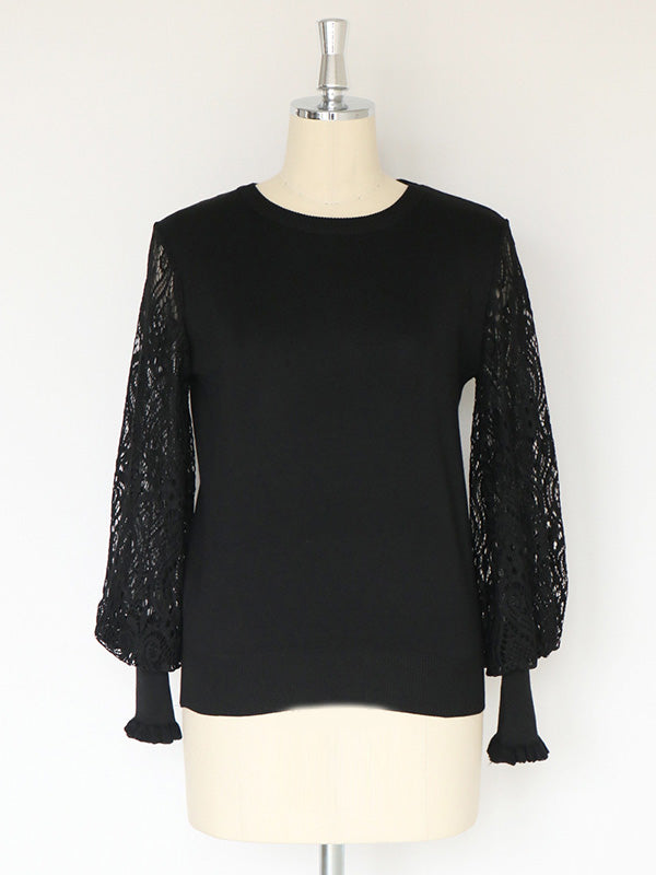 Original Loose Hollow Lace Round-Neck Long Puff Sleeves Sweater Pullovers