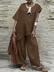 Casual Short Sleeves Loose Asymmetric Solid Color V-Neck Two Pieces Set