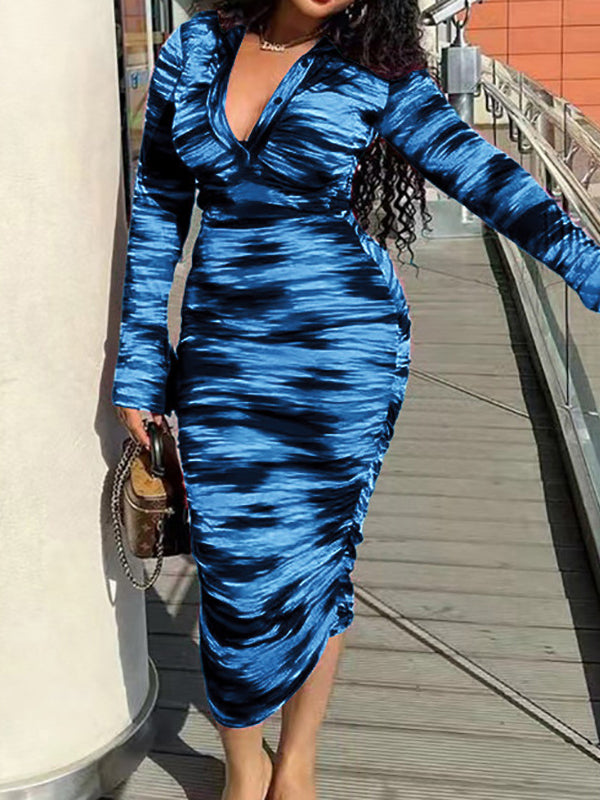 Buttoned Printed High Waisted Long Sleeves Deep V-Neck Midi Dresses