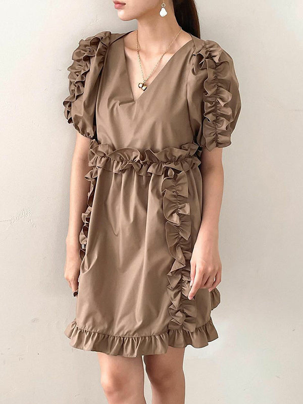 Ruffle Trim Split-Joint A-Line Loose V-Neck Mini Dresses